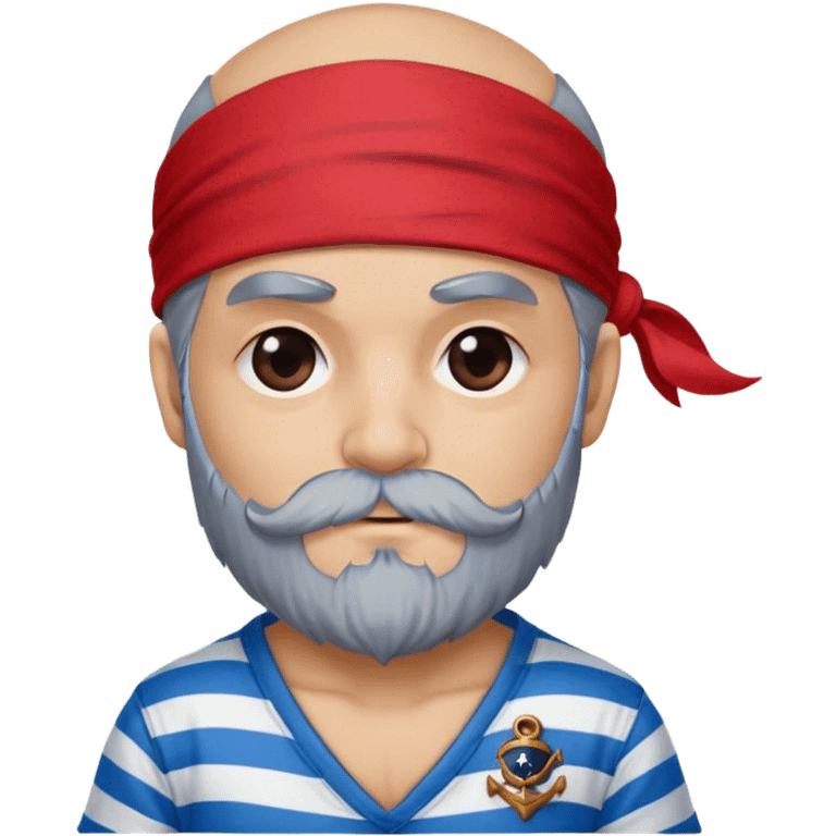 A cute pirate first mate, red bandana, eye patch, blue striped shirt, grey beard, logo emoji