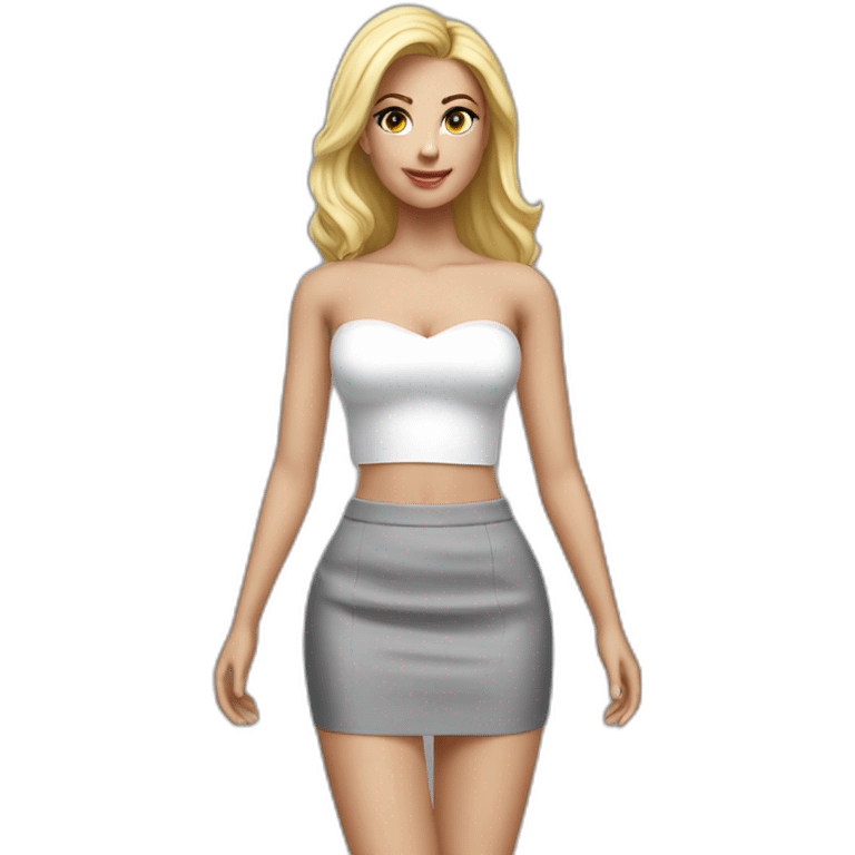 hyperrealistic caucasian long blonde woman white v-neck strapless gray tight mini skirt emoji