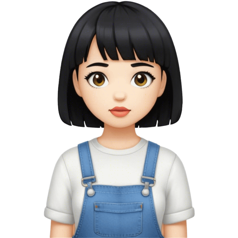 a girl with light skin short black hair with black bangs and wearing cute overalls  emoji