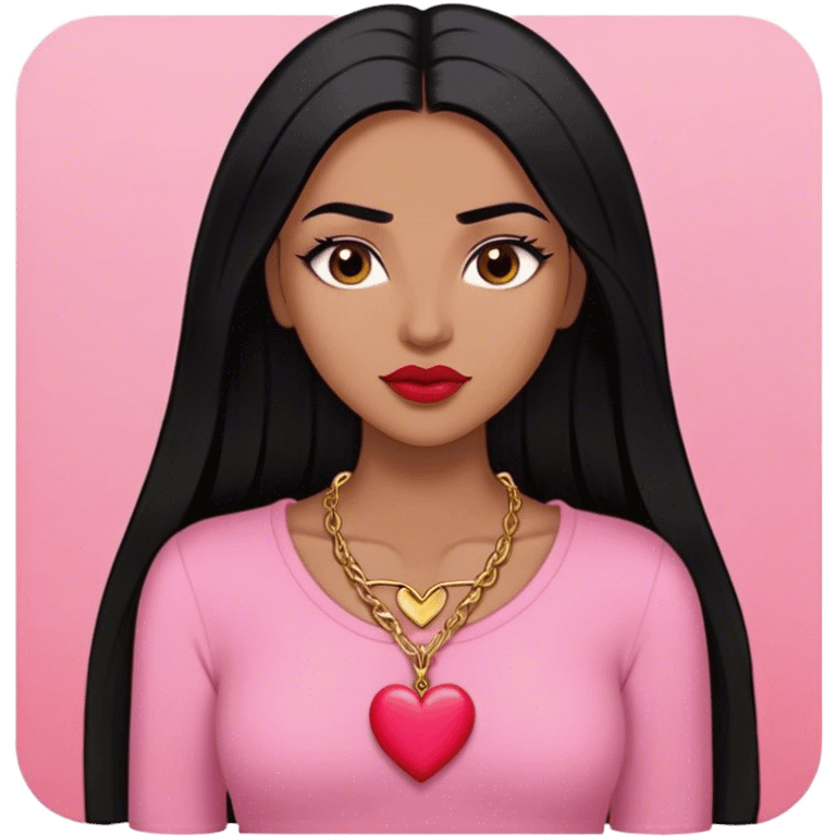 Woman,Medium brown skin,super long black straight hair, medium brown arched eyebrows, full lashes, red nude lips, small gold heart necklace , pink shirt emoji