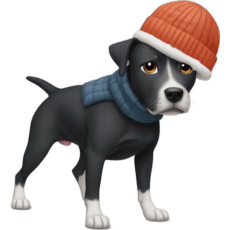 black pitbull lab mix in winter wearing a puffer coat and beanie emoji