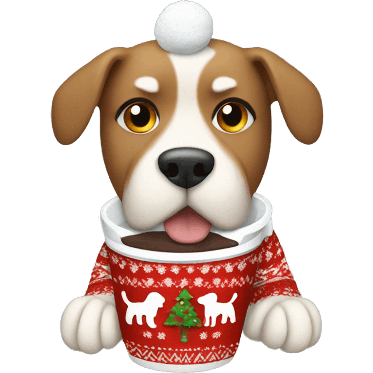 dog with christmas sweater and a hot cocoa emoji