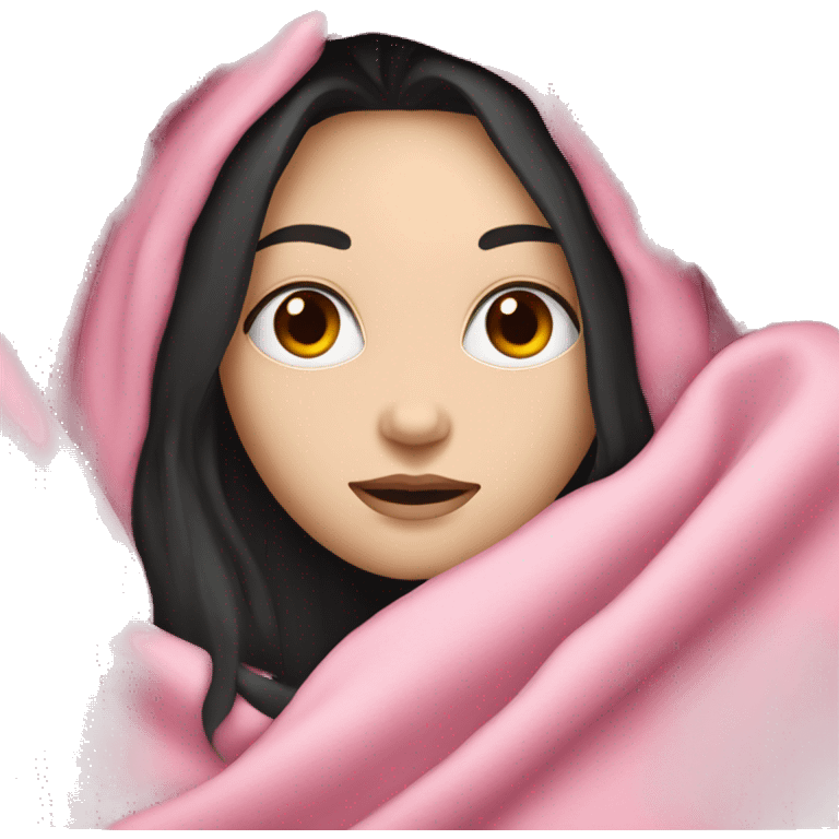 pale white girl with long black hair laying under pink blanket emoji