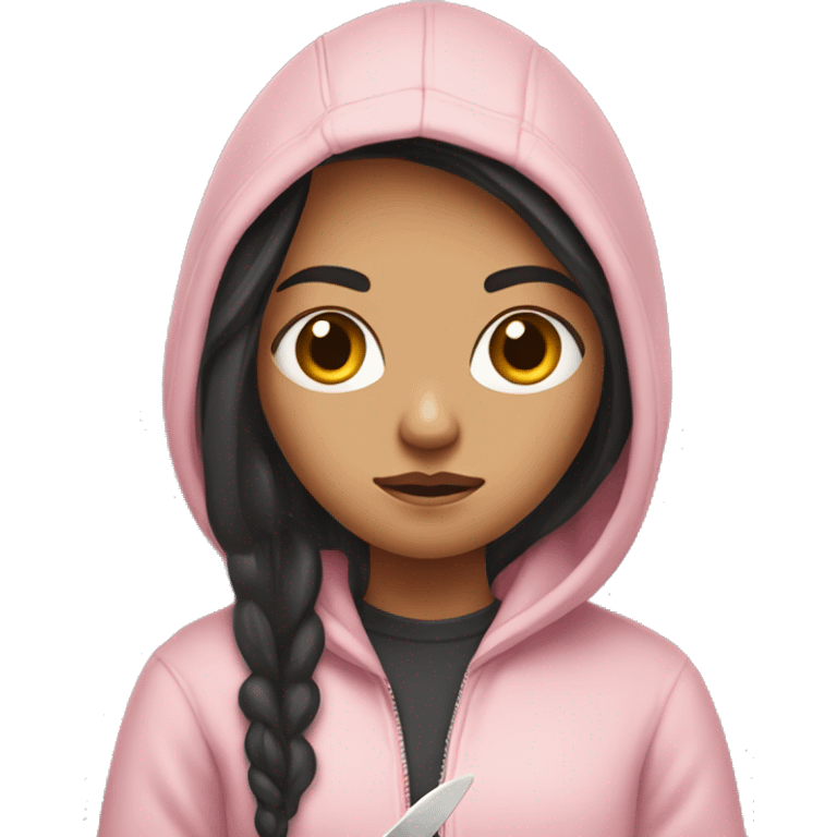 Girl with long dark hair in a light pink hoodie with a serious face holding a butter knife emoji