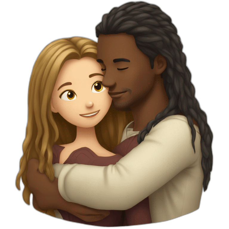 African young man hugging slavic girl with long hair emoji