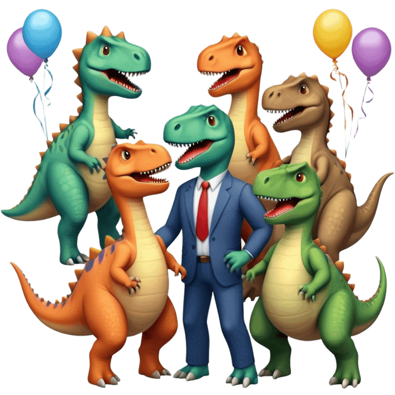 office dinosaurs in office clothes celebrating birthday emoji