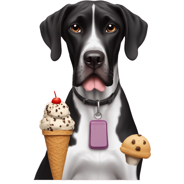 Black and white Great Dane eating an ice cream cone with a German short haired pointer  emoji