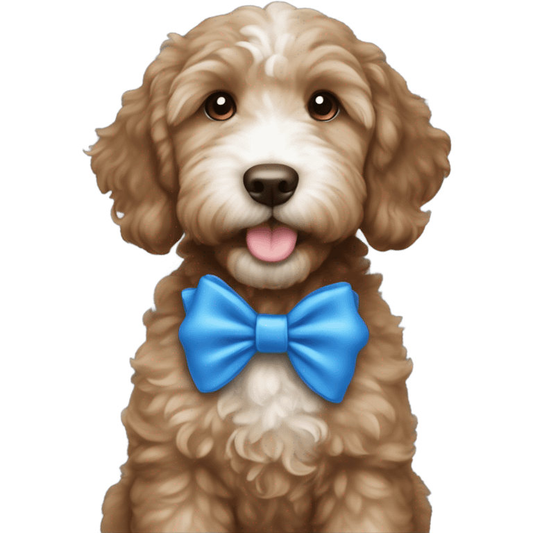 dark brown goldendoodle puppy white nose and chest blue bow in ear  emoji