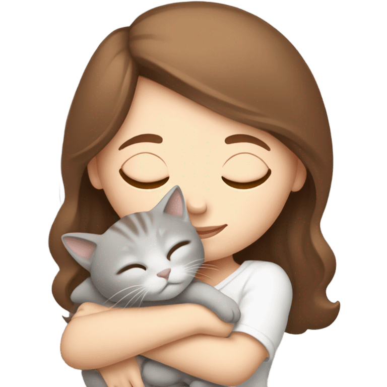 White girl brown hair sleeping with light grey kitty emoji