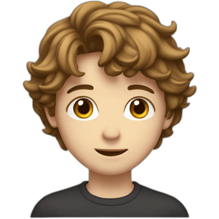 Teenager boy type italian, White skin, with long wavy brown hair (Which go down behind to the nape of the neck), Little bit dezoom emoji