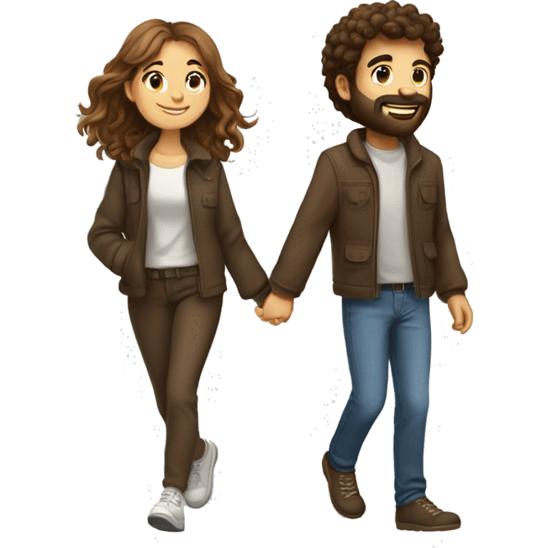 A beautiful brown-haired girl with a hairy brown-haired man walk by the hand and love each other emoji