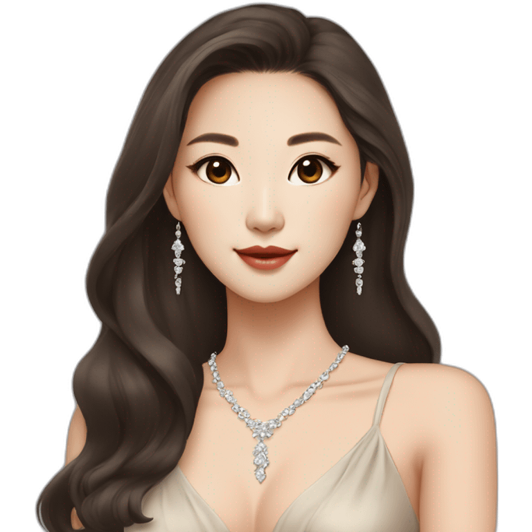 beautiful brunette Korean girl with smooth skin long hair beige lipstick wearing low neck dress with a diamond necklace emoji