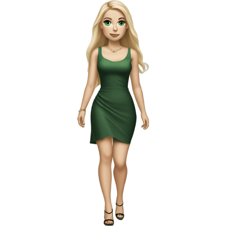 Realistic White girl with Long straight blonde hair, green eyes, tattoos, full body wearing dress and High heels , walking emoji