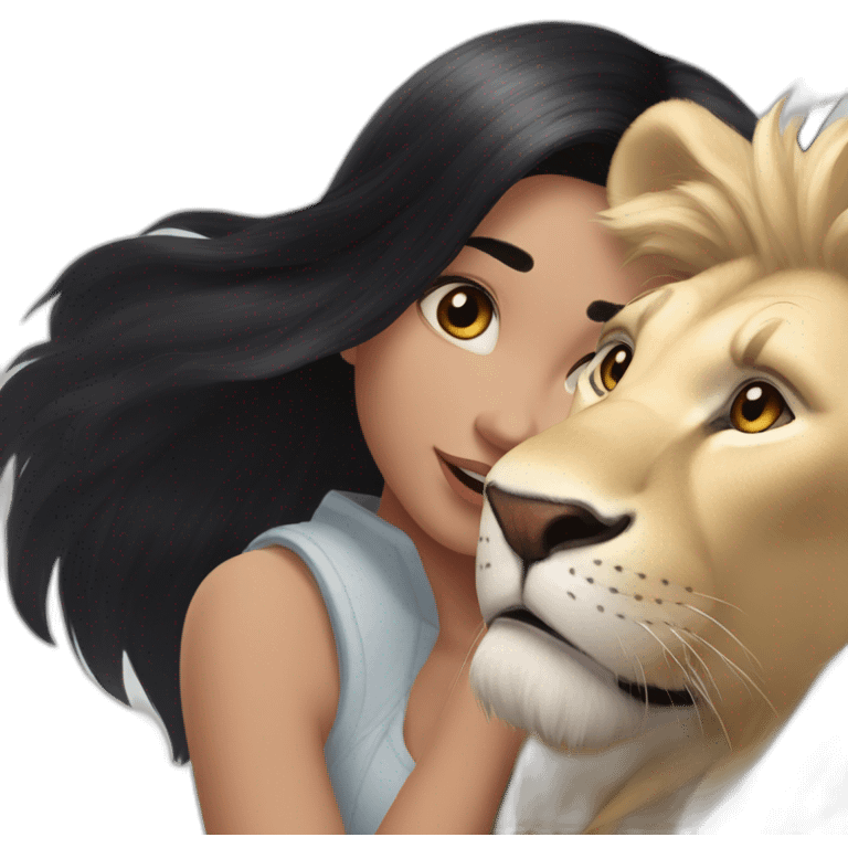 white skin and black straight hair and black eyes  Disney smile girl with a lion emoji