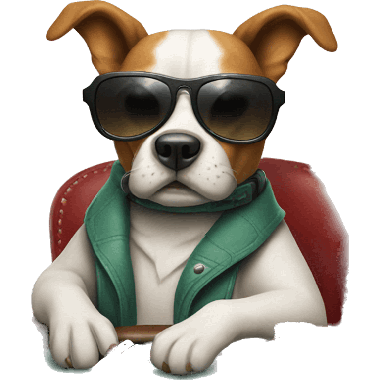 Dog playing poker at poker table, wearing shades, holding 2 cards emoji