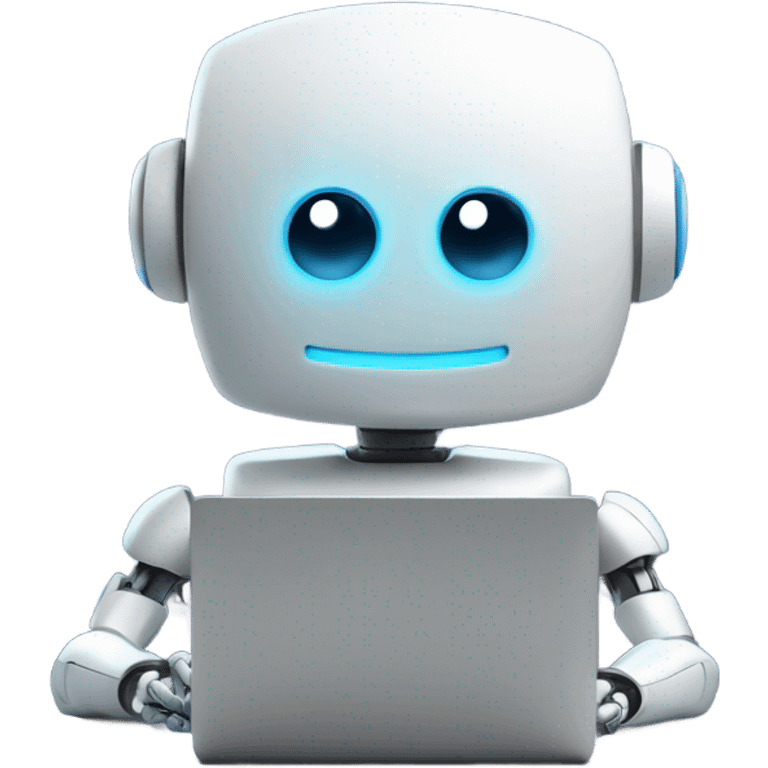 Cute happy robot behind computer writing code emoji