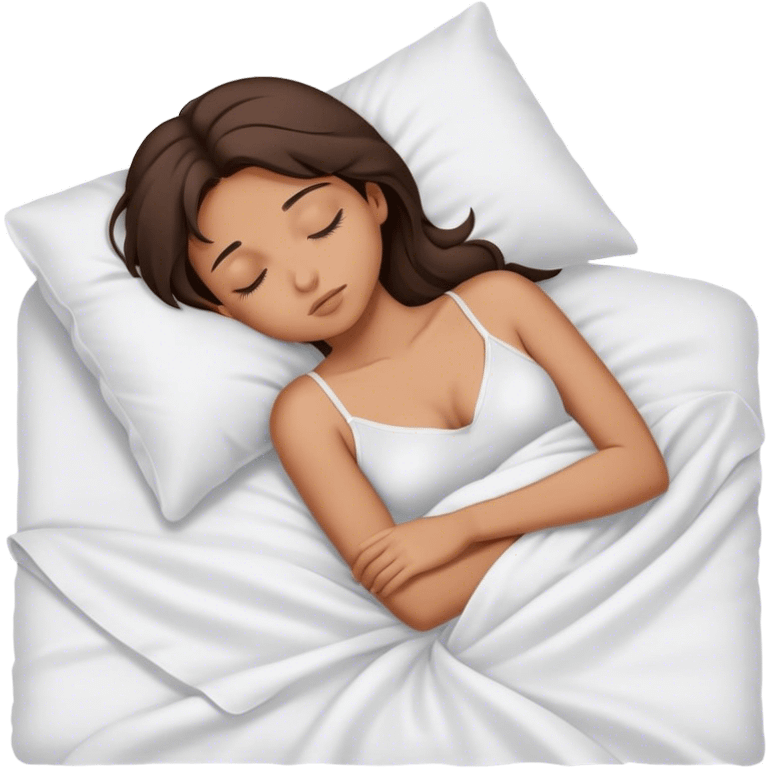 brunette girl sleeping, in white cami and white sheets emoji