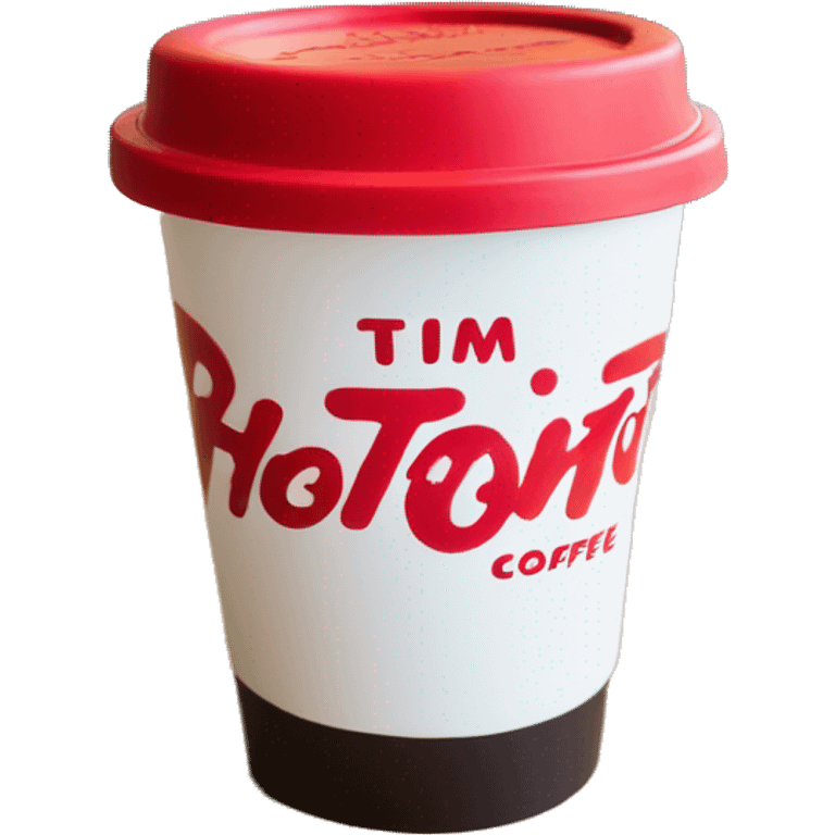 “Red Tim Hortons coffee cup with large white ‘Tim Hortons’ logo in script, black plastic lid, and a simple, clean design.” emoji