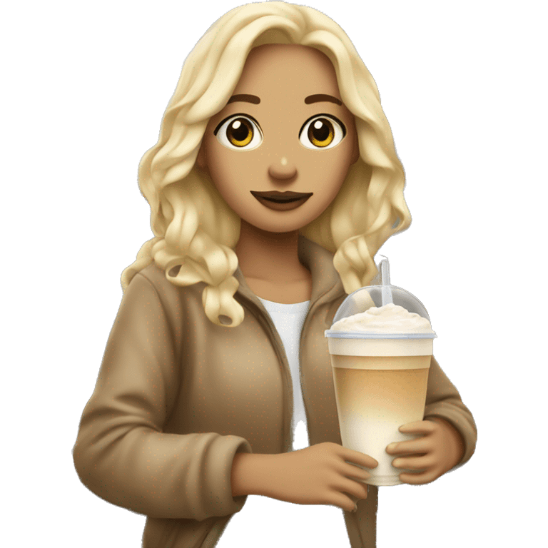 Blonde Girl covered in a City blanker With an iced Latte  emoji