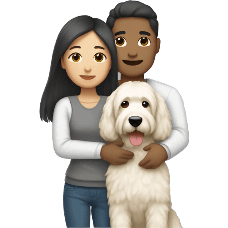 asian couple with straight hair hugging with a big white goldendoodle emoji