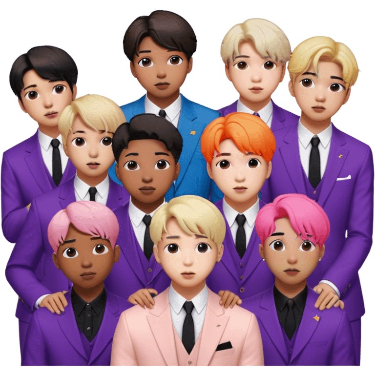 Cinematic Realistic group portrait of BTS featuring all 7 members in stylish modern attire, with detailed facial expressions and vibrant colors, captured in dynamic, contemporary lighting that emphasizes their global pop icon status emoji