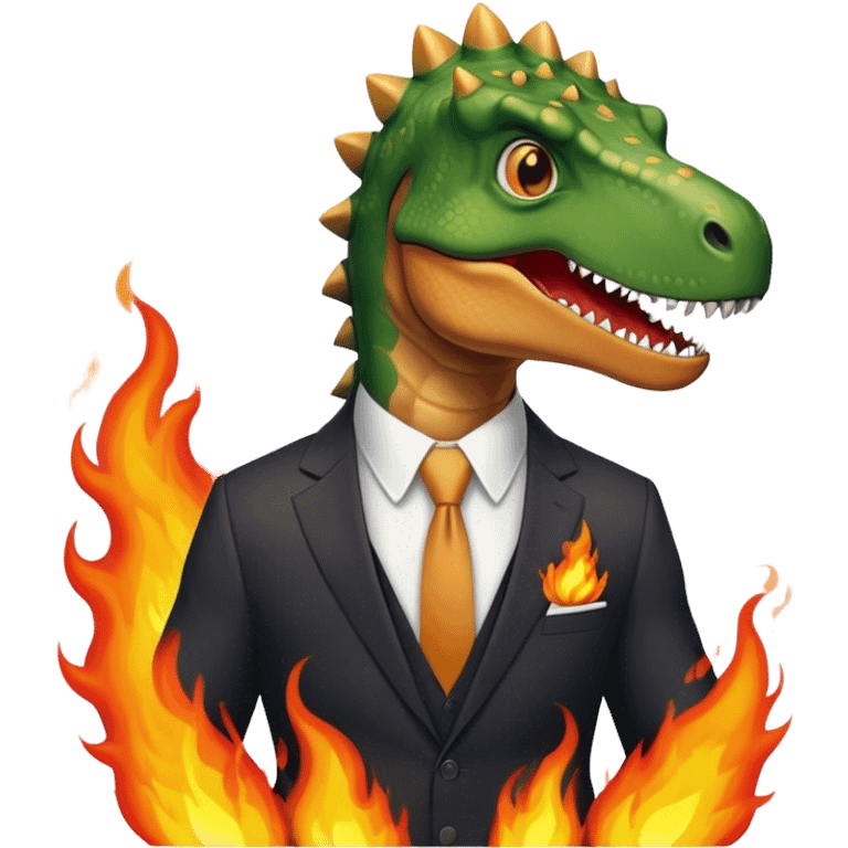 office dinosaur in a suit on a fire emoji