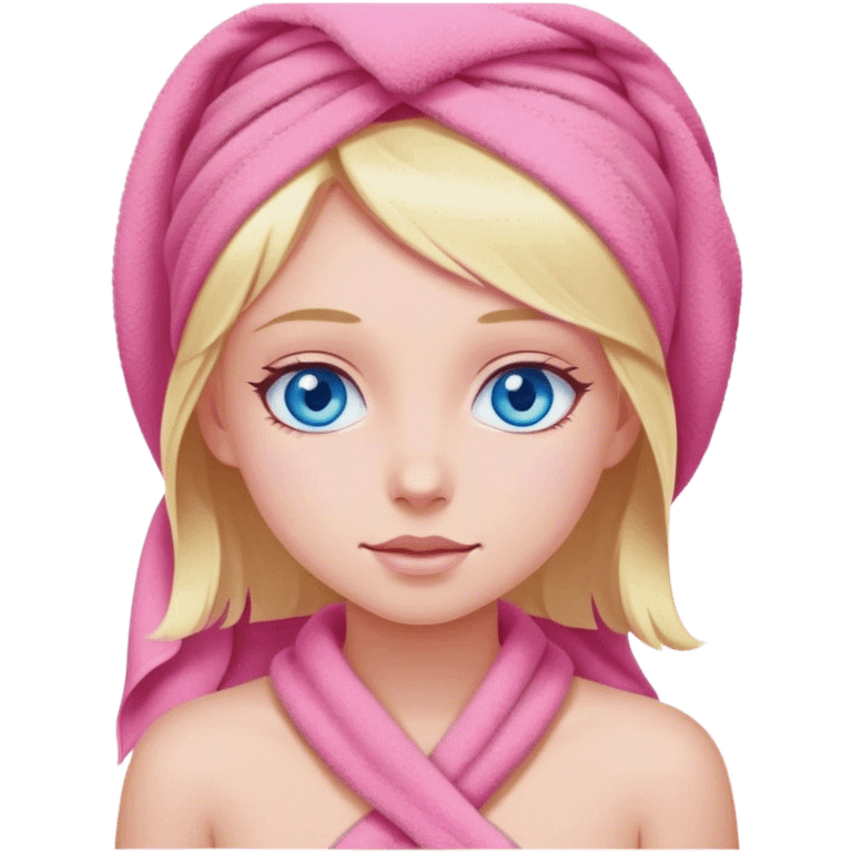 Cinematic realistic girl with blue eyes, wearing a pink towel emoji