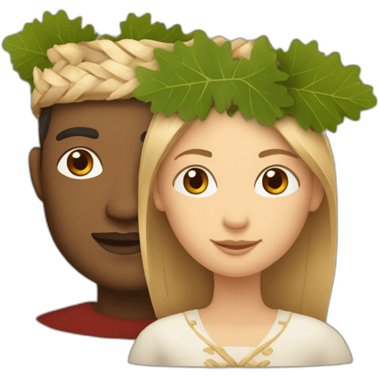 Make a festive tradition latvian man and woman with a oak and birch leaf crown  emoji