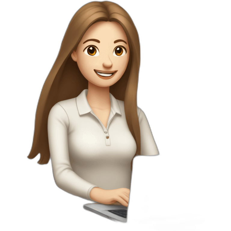 eyes closed smiling woman pale skin middle brown long straight hair with a closed laptop and a coffee mug wearing a white woolly shirt polo emoji