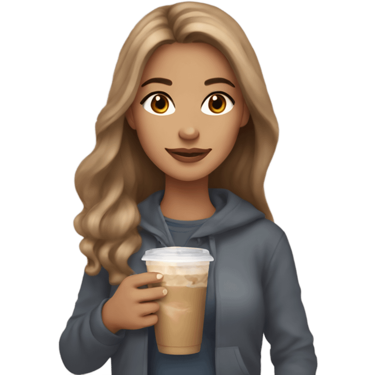 Beautiful woman, long light brown hair, brown eyes, cozy holding an iced coffee emoji