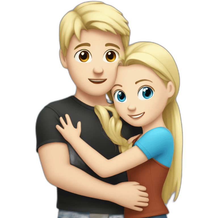 blond white girl with blue eyes hug white boy with black hair with pony-tail emoji