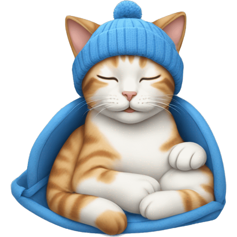 cat sleeping peacefully wearing a blue baby hat emoji