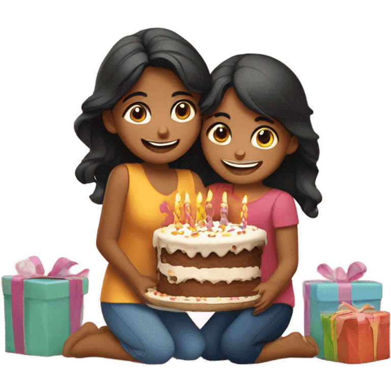 2 Indian girls hug birthday cake and gifts  emoji