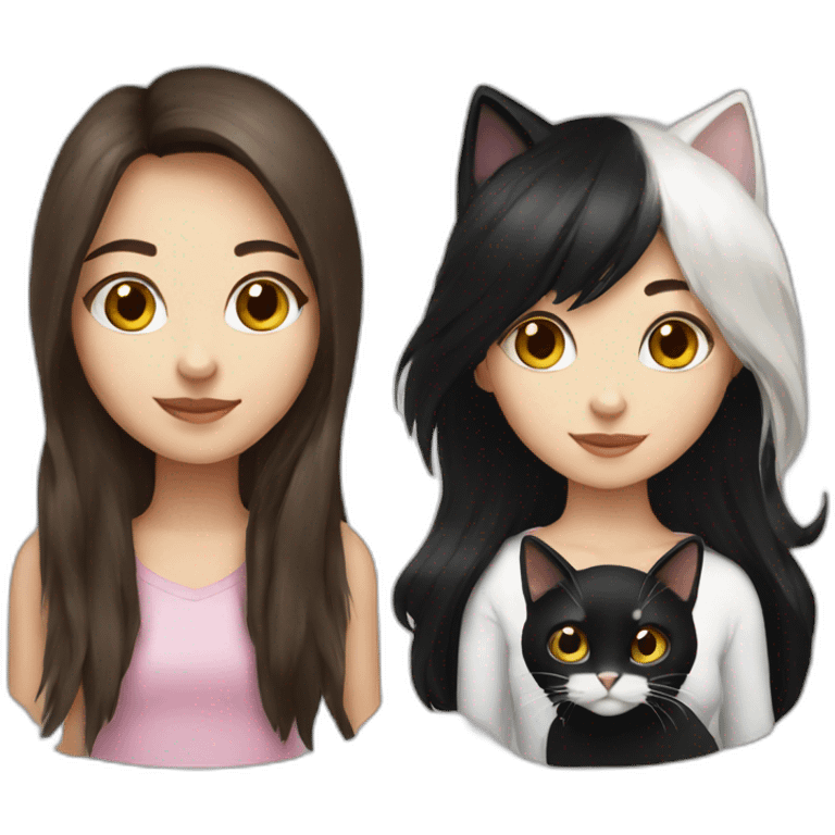 Brunette girl and black white cat emoji