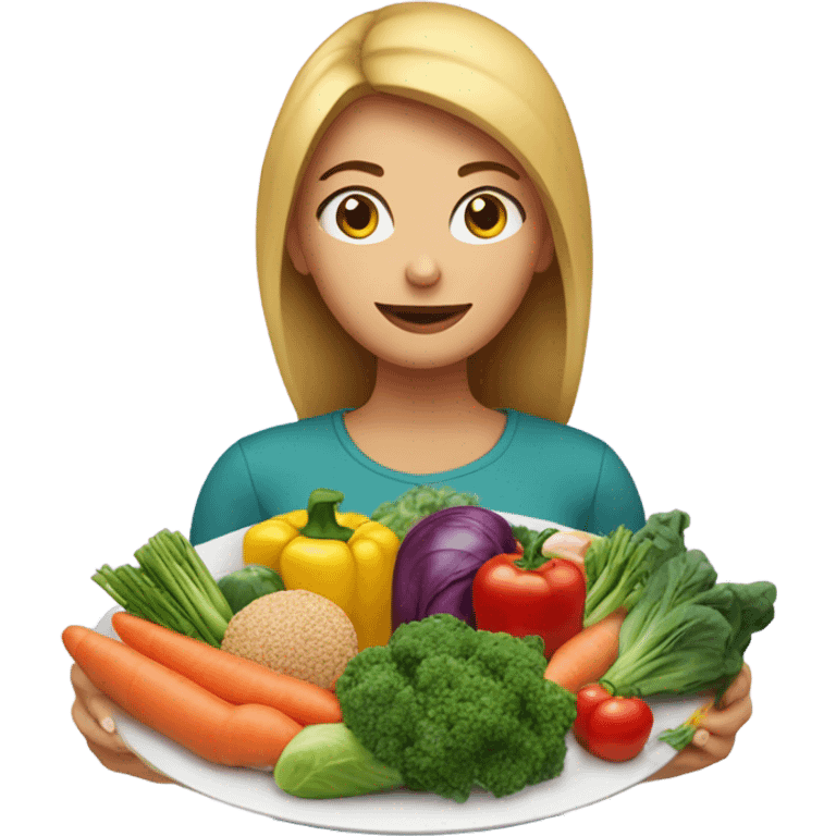 a woman looks at a plate of healthy food emoji