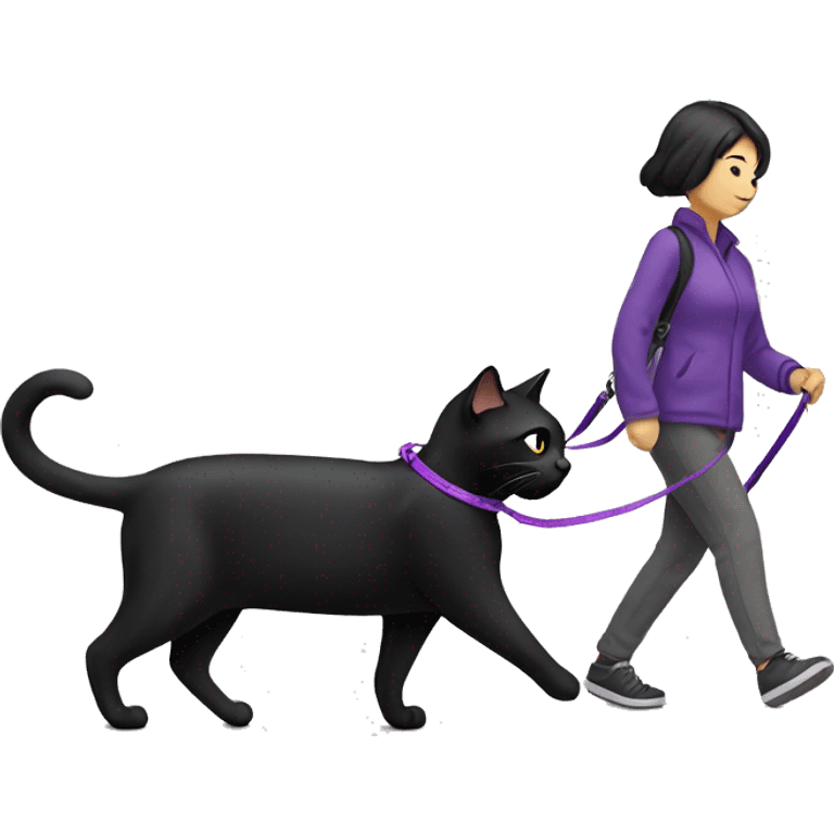 Black cat with a purple leash going for a walk with an Asian female  emoji