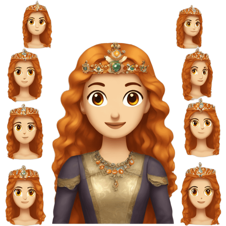 Hurrem Sultan face with orange Slightly wavy hair long hair and crown  emoji