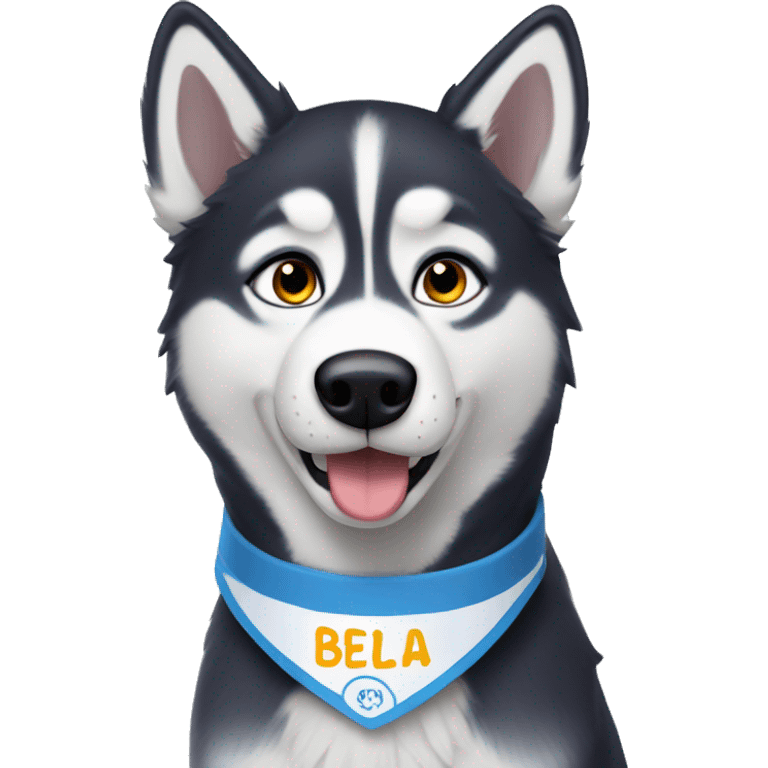 Husky with name tag that says bella emoji