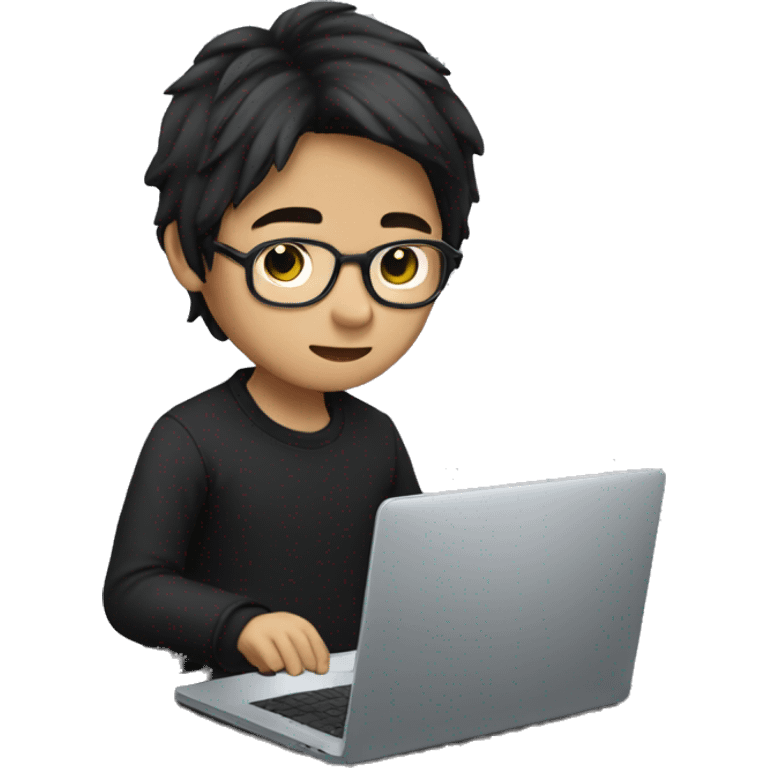 asian boy with glasses, long hair working, wearing black clothes , on his laptop  emoji