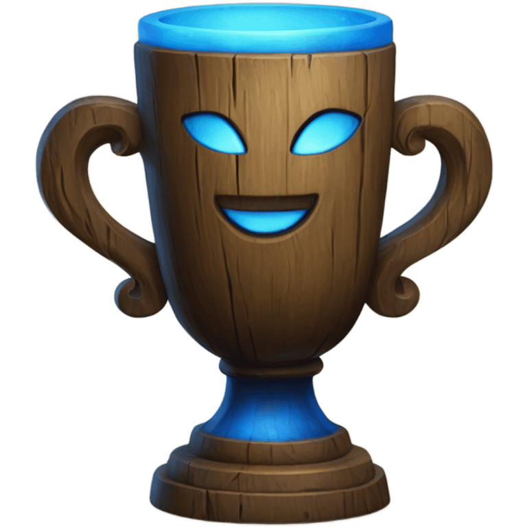 A magical goblet, large and imposing, made of aged wood with a smooth surface. It emits a kind of blue fire, standing out as a symbol of power and mystery. emoji