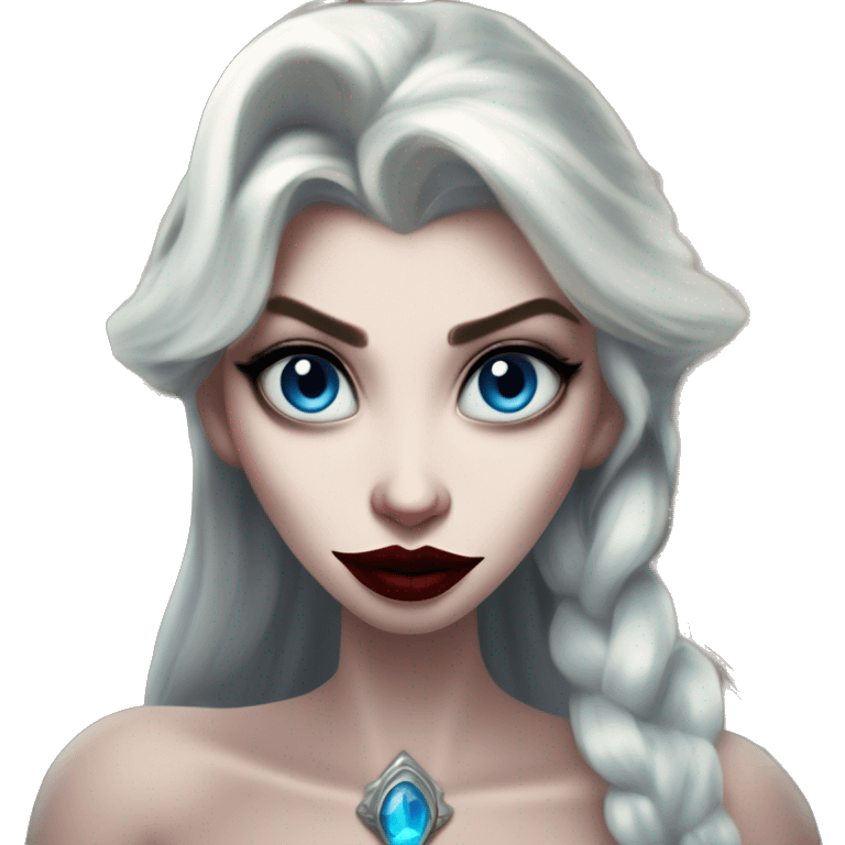 Warcraft vampire Elsa in Uncle Scrooge style, oil paint, mysterious eyes, intricate lips, masterpiece pose, odd perspective, beautiful, desirable, logical emoji