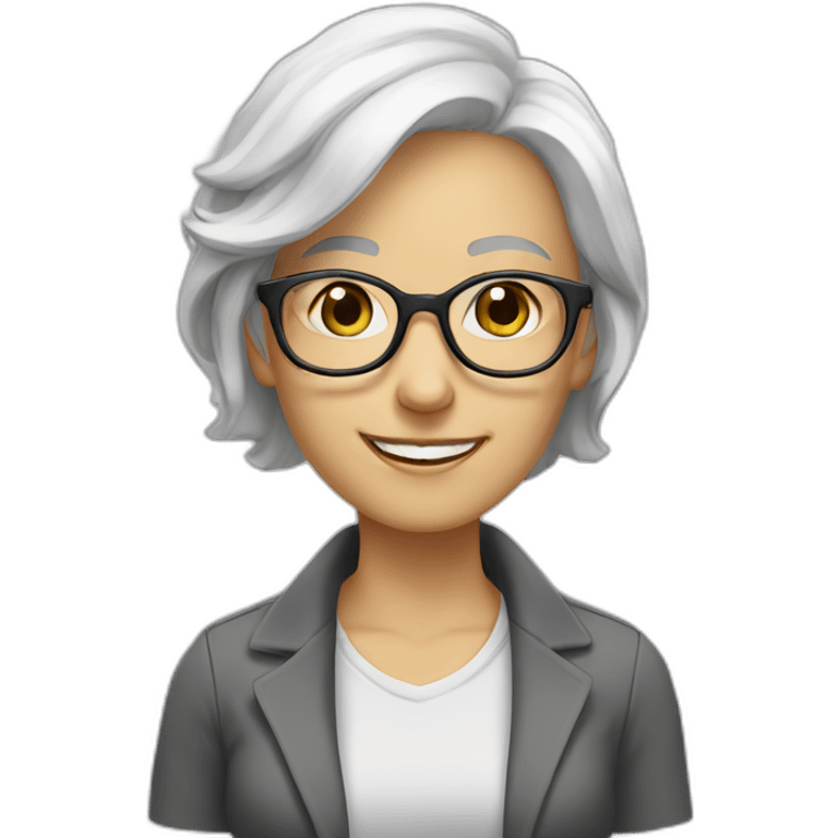 White haired Woman with glasses smiling hazel eyes eyes emoji