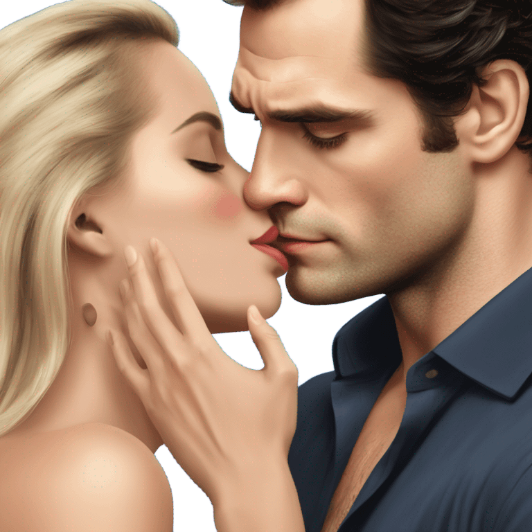 realistic photo of Henry Cavill kissing a beautiful female model while touching her cheek emoji