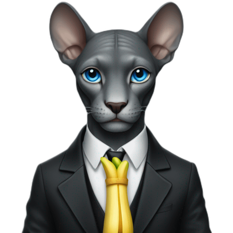 dark grey sphinx with bright blue eyes wearing black suit, holding banana in paws, portrait emoji