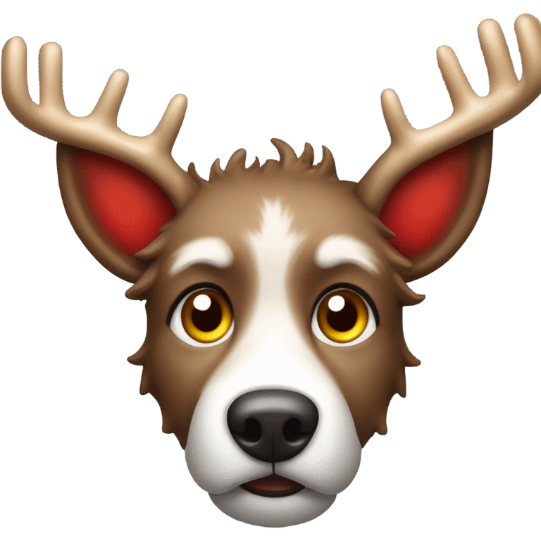 Brown scraggly dog with Christmas antler and red light up nose like Rudolph  the red nose reindeer  emoji