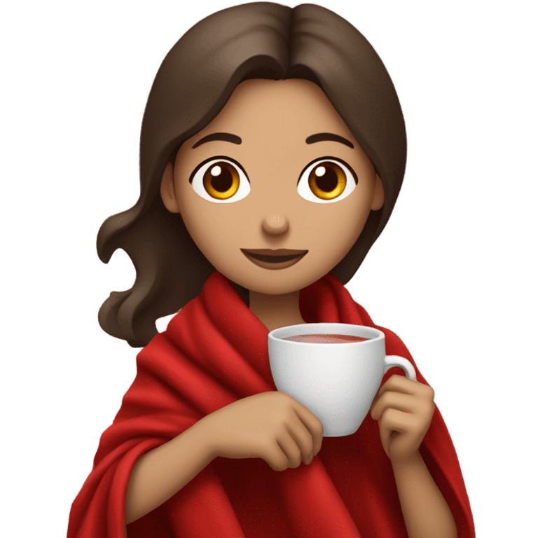 Brunette girl wrapped in red blanket sipping tea emoji