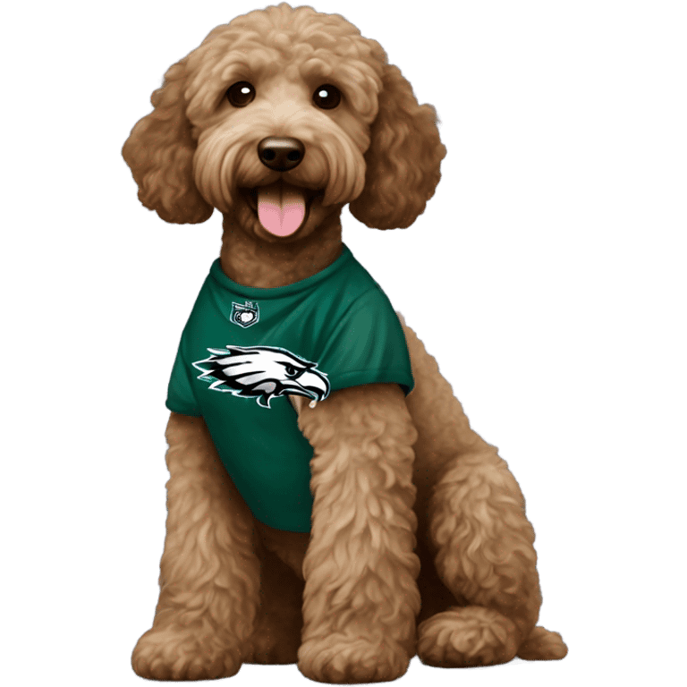  brown Labradoodle wearing a Philadelphia eagles shirt and a heart  emoji