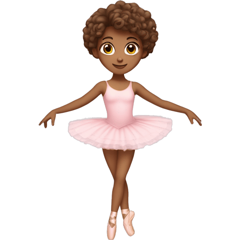 little girl tan skin with curly brown hair and brown eyes wearing a light pink ballet outfit doing a ballet pose emoji