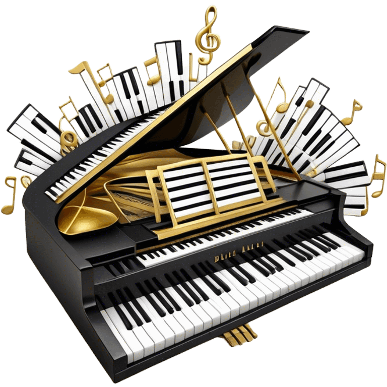 Create a detailed and elegant emoji collage representing keyboard instruments in a celebratory and professional style, reminiscent of a coat of arms. The design should feature a central arrangement of black and white piano keys, forming a symmetrical, powerful image. Around the keys, include a flowing ribbon of musical notes that intertwines with the keys, creating a sense of movement and harmony. Use gold and silver accents to highlight the keys and musical notes, giving the design a festive, high-quality appearance. The design should convey professionalism, elegance, and a sense of occasion. Add subtle reflections on the piano keys to enhance the polished look. The background should be transparent. emoji