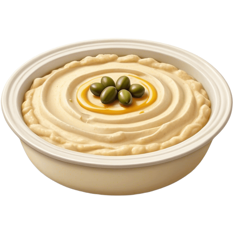 Cinematic Realistic Hummus Dish Emoji, depicted as a creamy chickpea dip drizzled with olive oil rendered with rich textures and warm, inviting lighting. emoji